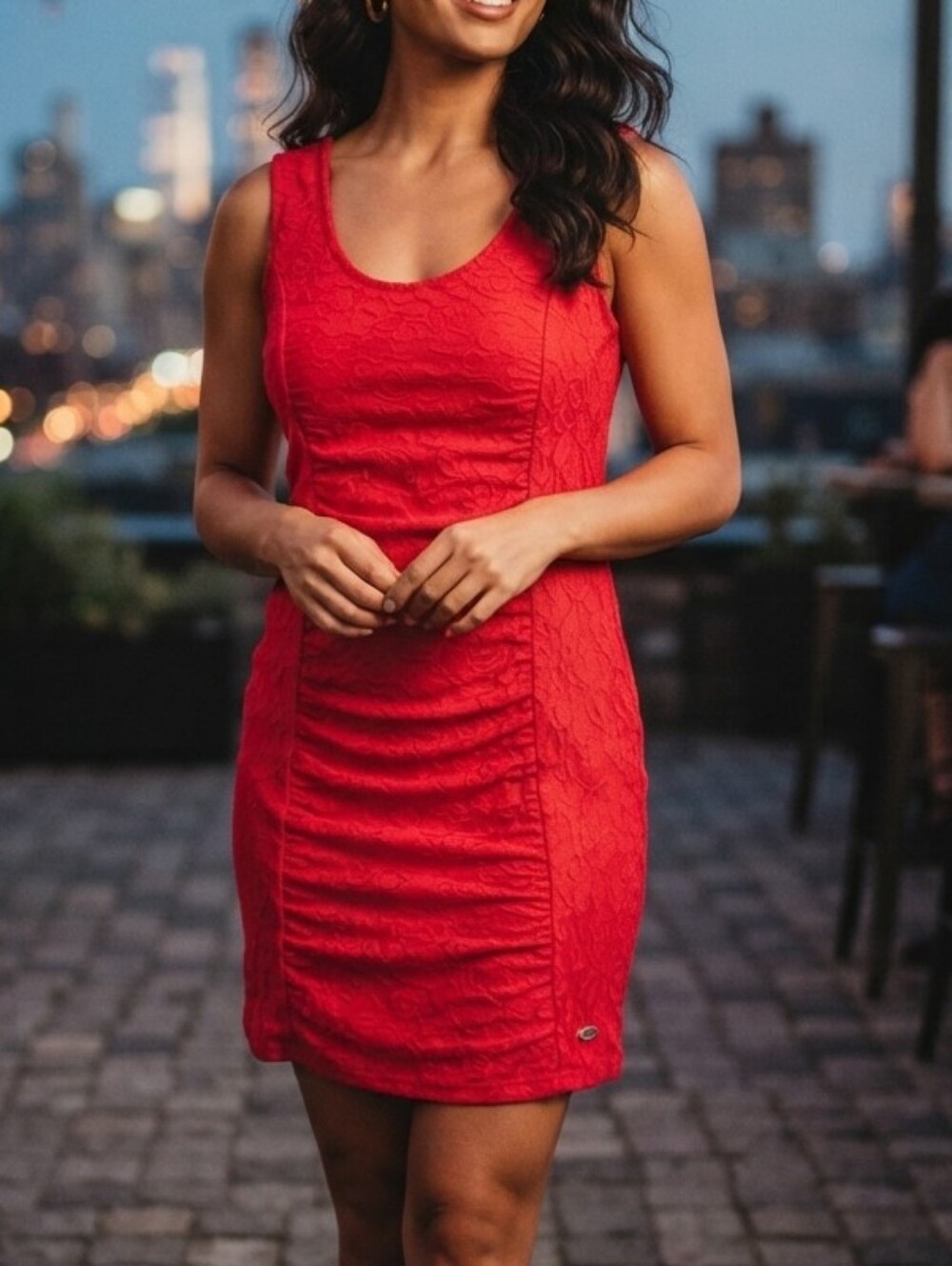 GUESS Est. 1981 Vibrant Red Lace Ruched Bodycon Dress – Size XS